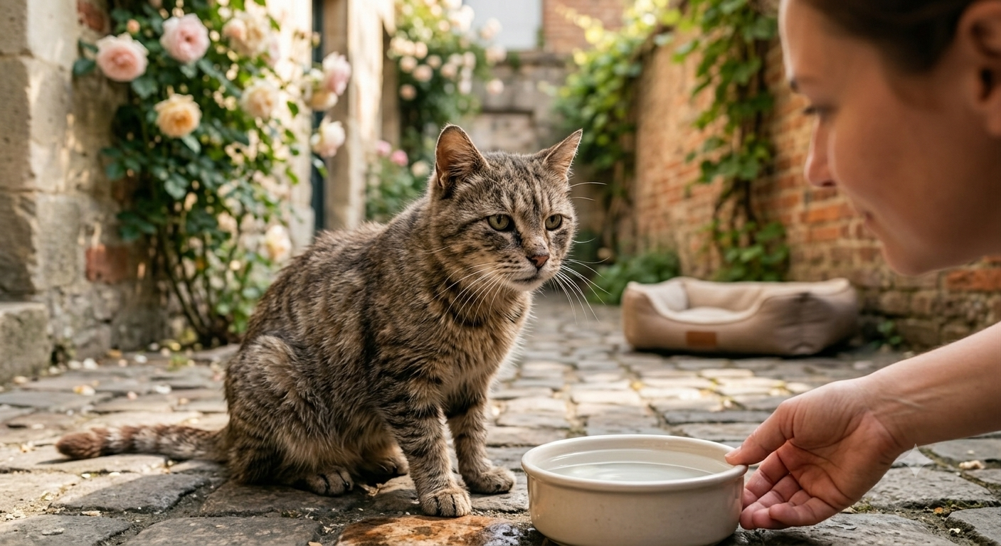 Un chat errant tigré dans une ruelle cherchant de l'aide